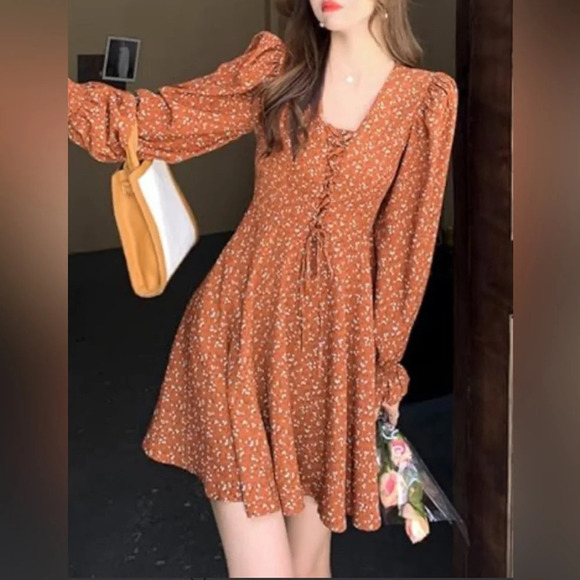 NWT floral brown orange front tie up detail long sleeve midi dress Cotta… - Picture 2 of 10